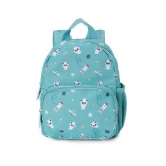 Mochila infantil pequeña de color verde menta con estampados de osos panda astronautas, cohetes y planetas
