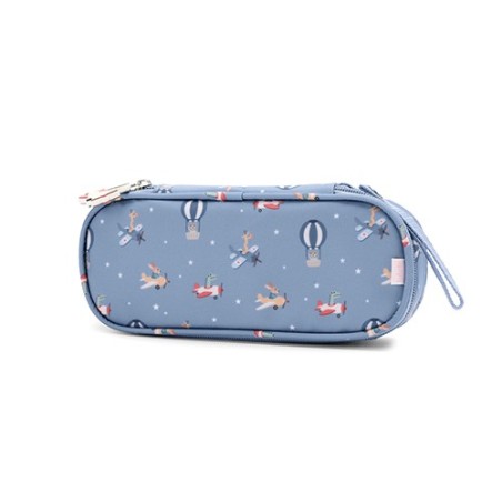 Funda térmica para el almuerzo infantil de Tutete, modelo Planes, en color azul grisáceo con estampado de animales pilotos