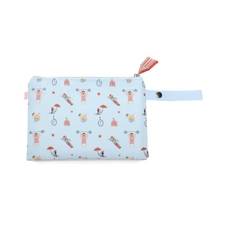 Funda plana para bocadillo infantil de Tutete, modelo Circus Show, en color azul claro con estampado de personajes de circo