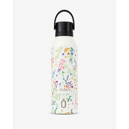 Botella térmica Runbott de la gama Mii decorada con una ilustración de finas hojas de estilo botánico, con tapón hermético