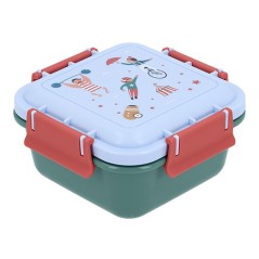 Caja de almuerzo grande infantil de Tutete, modelo Circus Show, con base verde oscuro y tapa azul claro estampada de circo