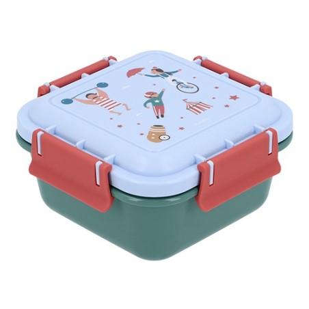 Caja de almuerzo grande infantil de Tutete, modelo Circus Show, con base verde oscuro y tapa azul claro estampada de circo