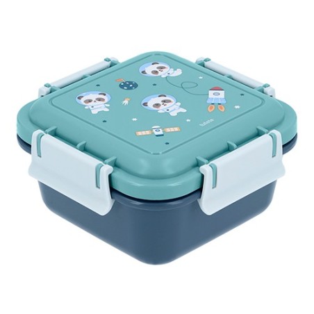 Caja de almuerzo grande infantil de Tutete, modelo Pandas in Space,  tapa verde menta estampada con osos panda