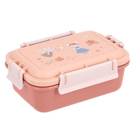 Caja de almuerzo tipo bento infantil de Tutete, modelo Mouse Fairies, con tapa rosa salmón estampada con una ratoncita