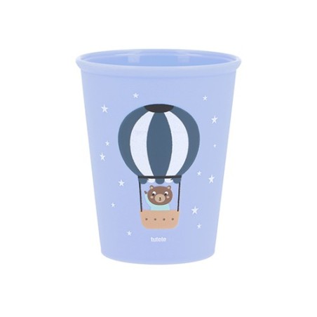 Vaso infantil de aprendizaje de la colección Planes de Tutete en color azul, decorado con una ilustración de un osito