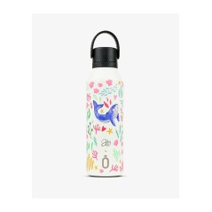 Botella térmica Runbott de la colección Mii de color crema con un estampado artístico de flores y una ballena azul