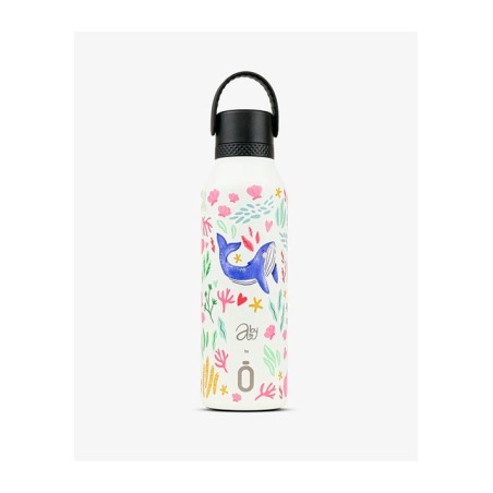 Botella térmica Runbott de la colección Mii de color crema con un estampado artístico de flores y una ballena azul