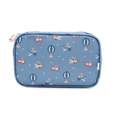 Bolsa sanitaria o neceser infantil rectangular de la colección Planes de Tutete con un estampado repetitivo de ositos en globos