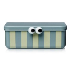 Caja de almuerzo infantil de color azul grisáceo de la marca Noui Noui, con diseño a rayas verticales crema
