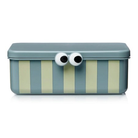 Caja de almuerzo infantil de color azul grisáceo de la marca Noui Noui, con diseño a rayas verticales crema