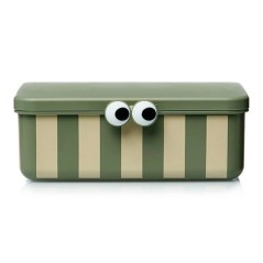 Caja de almuerzo infantil de color verde oliva de la marca Noui Noui, con diseño a rayas verticales beige