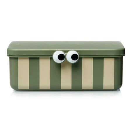 Caja de almuerzo infantil de color verde oliva de la marca Noui Noui, con diseño a rayas verticales beige