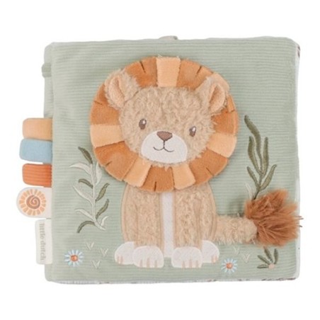 Portada de libro blando de pana verde de Little Dutch con un gran león de peluche en relieve, una cola tridimensional