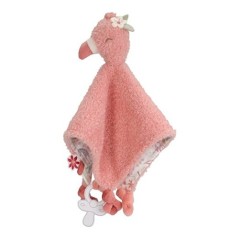 Mantita de apego infantil o doudou con cabeza de flamenco de peluche rosa de Little Dutch, cuerpo triangular de rizo