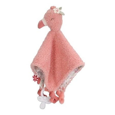 Mantita de apego infantil o doudou con cabeza de flamenco de peluche rosa de Little Dutch, cuerpo triangular de rizo
