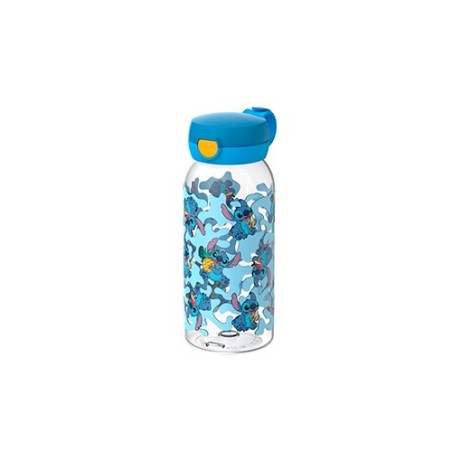 Botella infantil transparente decorada con Stitch comiendo piña en tonos azules, con tapón azul y botón amarillo