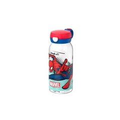 Botella infantil transparente con ilustración de Spiderman en acción y logotipo de Marvel, con tapón rojo y azul