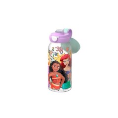 Botella infantil transparente con dibujos de las princesas de Disney Vaiana, Ariel y Rapunzel, con tapón lila y asa verde