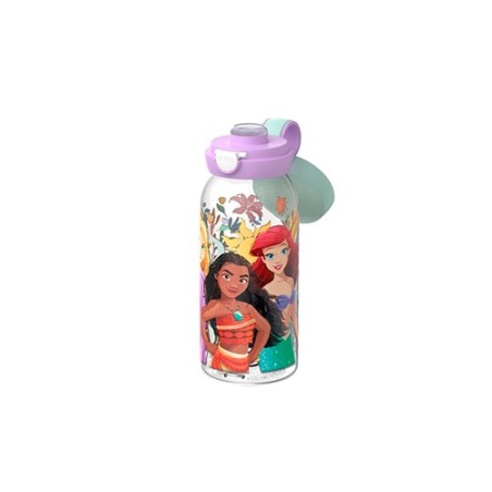 Botella infantil transparente con dibujos de las princesas de Disney Vaiana, Ariel y Rapunzel, con tapón lila y asa verde