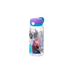 Botella infantil transparente con un dibujo de Elsa, Anna, Olaf y Sven de Frozen, con tapón morado y azul con asa