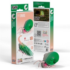 Kit de modelismo en cartón 3D del Caracol número 143 de Eugy, mostrando la figura montada de cuerpo rosa y caparazón verde