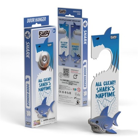Kit de modelismo de cartón 3D de Eugy con un colgador de puerta reversible de tiburón azul y blanco con mensajes divertidos