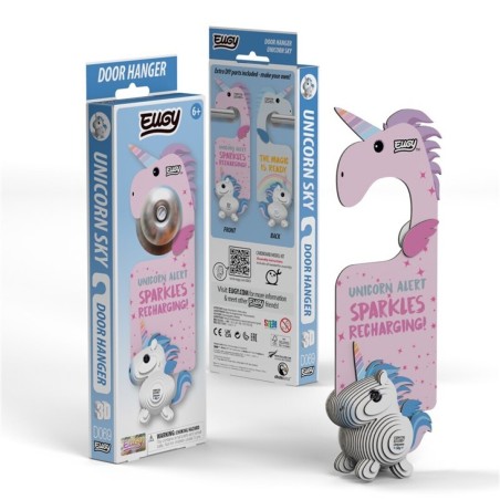 Kit de manualidades de cartón 3D de Eugy con un colgador de puerta reversible de unicornio rosa y azul con frases originales