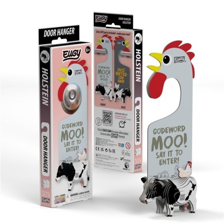 Kit de manualidades de cartón 3D de Eugy con un colgador de puerta reversible con forma de gallo y figura de vaca Holstein