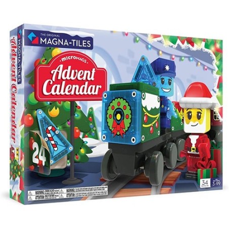 Caja del Calendario de Adviento microMAGS de MAGNA-TILES mostrando un tren magnético navideño