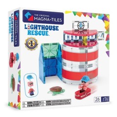 Caja del set de construcción magnético Rescate en el Faro de MAGNA-TILES mostrando un faro cilíndrico rojo y blanco,