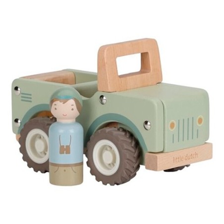 Coche de juguete safari de madera en color verde oliva con ruedas grandes y figura de ranger