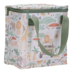 Bolsa térmica portaalimentos con estampado de animales de safari en tonos suaves y asas verdes de la marca Little Dutch.