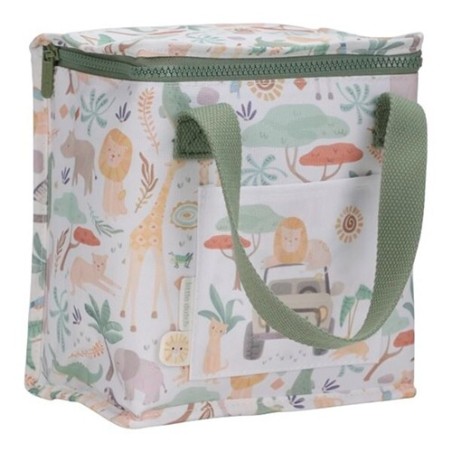 Bolsa térmica portaalimentos con estampado de animales de safari en tonos suaves y asas verdes de la marca Little Dutch.
