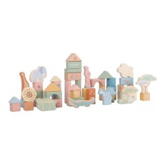 Bloques de construcción de madera de varios colores pastel y formas geométricas con ilustraciones de animales safari