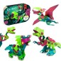 Caja de construcción magnética Clixo Dino Discovery Pack y modelos de dinosaurios flexibles montados en color verde y morado.