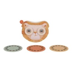 Visor de historias de madera con cara de león y tres discos intercambiables de la colección Safari Friends de Little Dutch.