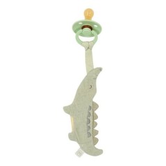 Sujetachupete de tela de muselina verde con forma de cocodrilo amarrado a un chupete de la marca Little Dutch