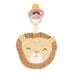 Sujetachupete de tela de muselina beige con forma de cabeza de león amarrado a un chupete de la marca Little Dutch.