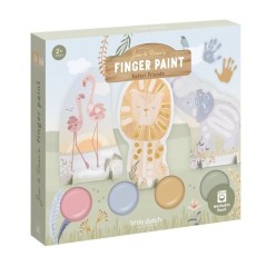 Caja del set de pintura de dedos Safari Friends de Little Dutch, con flamenco, león, elefante y cuatro botes de pintura.