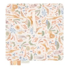 Mantita doudou y chupetero de muselina de algodón orgánico con estampado de animales de Safari Wonders de Little Dutch.