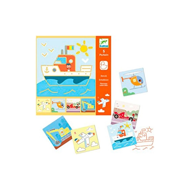 Plantillas de Dibujo Transportes Djeco - Set de 5 Láminas (Coches, Aviones y más) Plantillas de Dibujo Transportes Djeco - Set de 5 Láminas (Coches, Aviones y más)