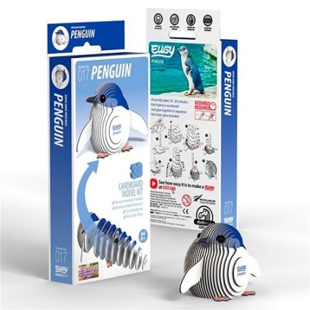Maqueta en tres dimensiones de un tierno pingüino de cartón reciclado de la marca Eugy número 017, ideal para manualidades