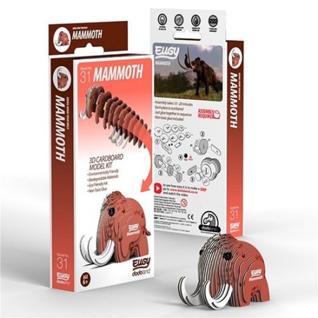 Maqueta en tres dimensiones de un simpático mamut prehistórico de cartón reciclado marrón con colmillos de la marca Eugy
