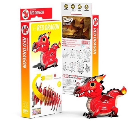 Maqueta en tres dimensiones de un majestuoso dragón rojo de cartón reciclado con alas y crestas de la marca Eugy